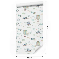 Papier Peint Intissé Pour Chambre D'Enfants AVIONS Ballons Nuages