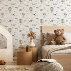 Papier Peint Intissé Pour Chambre D'Enfants AVIONS Ballons Nuages
