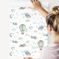 Papier Peint Intissé Pour Chambre D'Enfants AVIONS Ballons Nuages