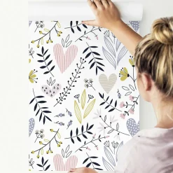 Papier Peint Intissé Pour La Chambre FEUILLES Fleurs Cœurs