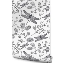 Papier Peint Intissé Pour Salon LIBELLULE Fleurs Nature Noir Blanc