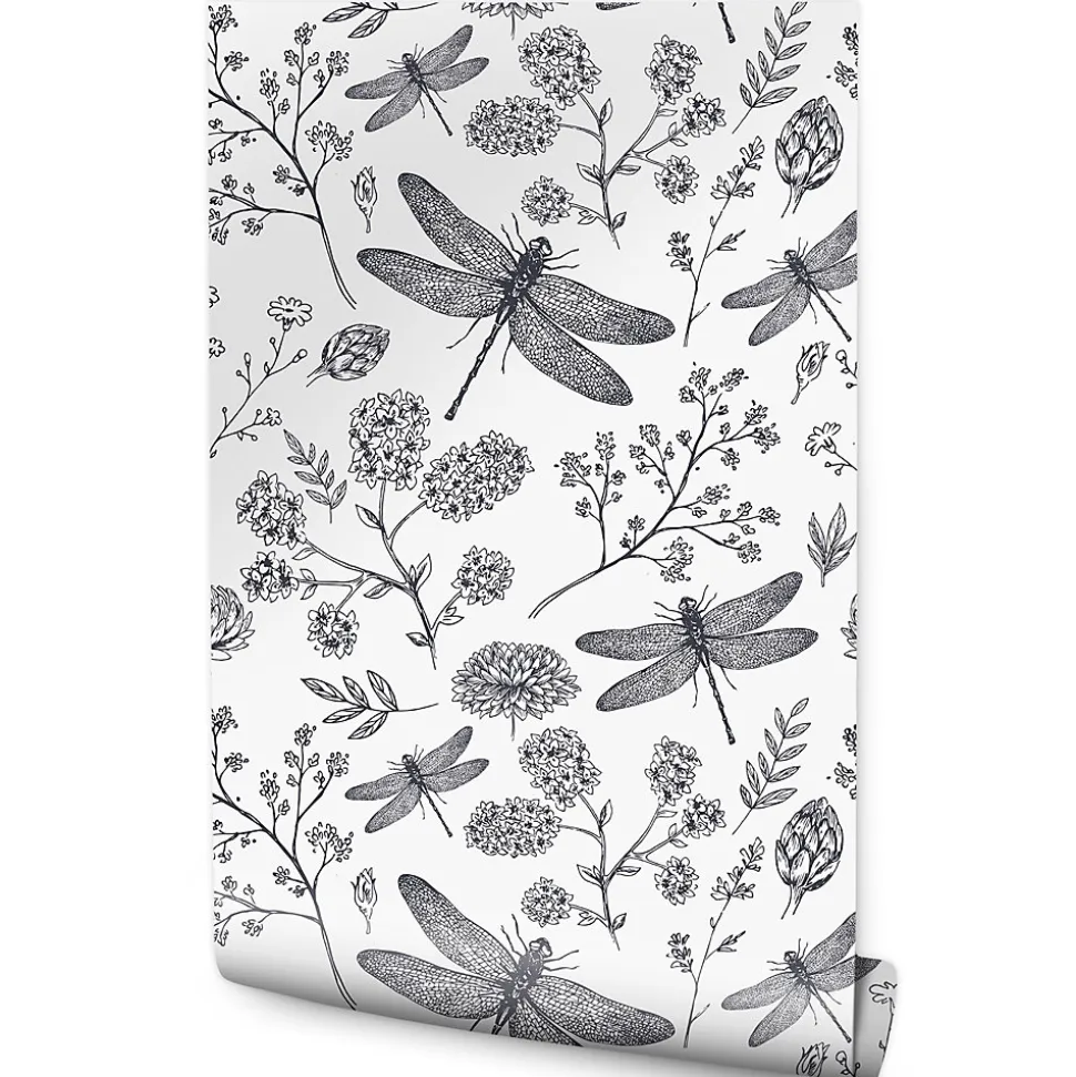 Papier Peint Intissé Pour Salon LIBELLULE Fleurs Nature Noir Blanc