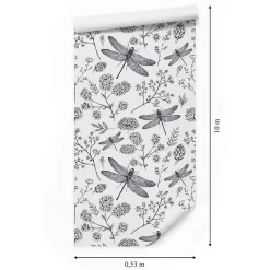 Papier Peint Intissé Pour Salon LIBELLULE Fleurs Nature Noir Blanc