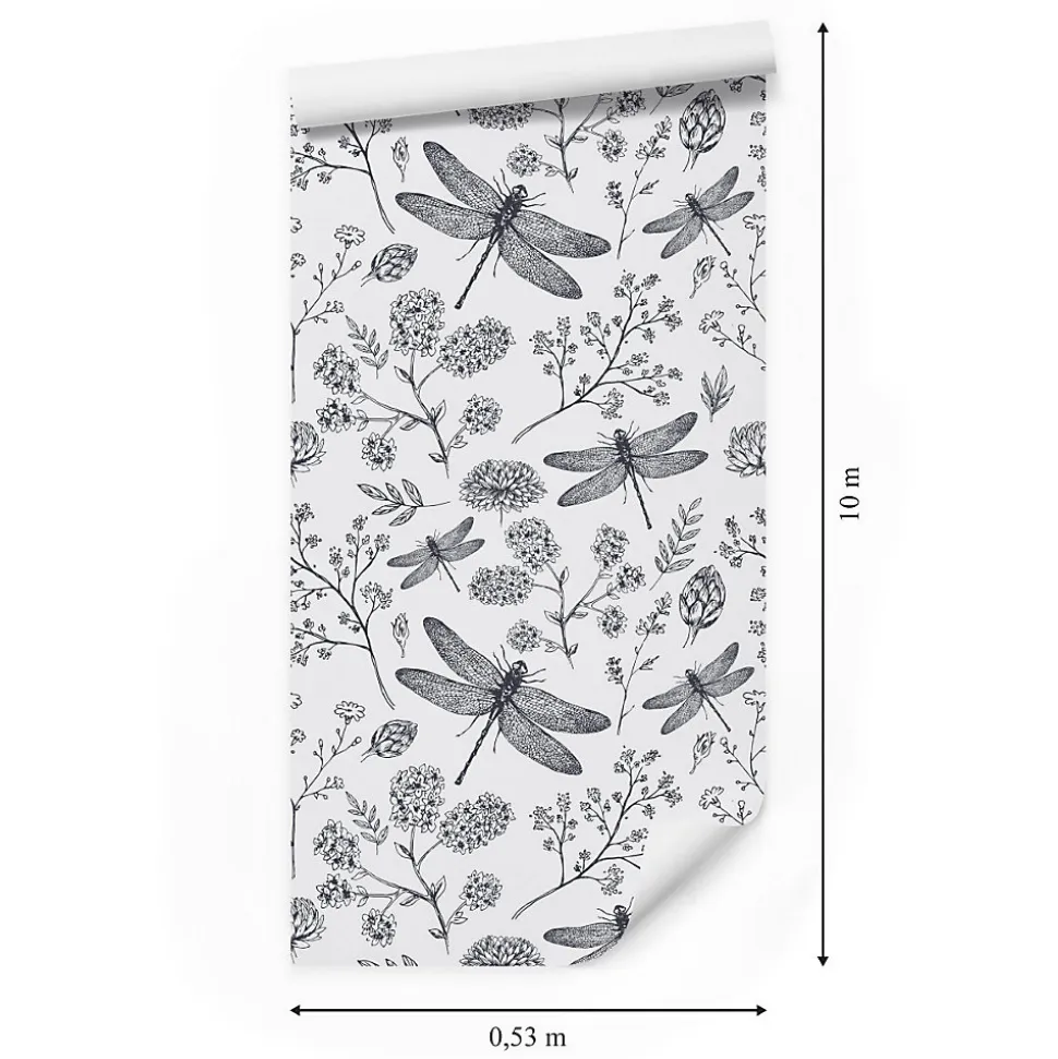 Papier Peint Intissé Pour Salon LIBELLULE Fleurs Nature Noir Blanc