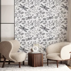 Papier Peint Intissé Pour Salon LIBELLULE Fleurs Nature Noir Blanc