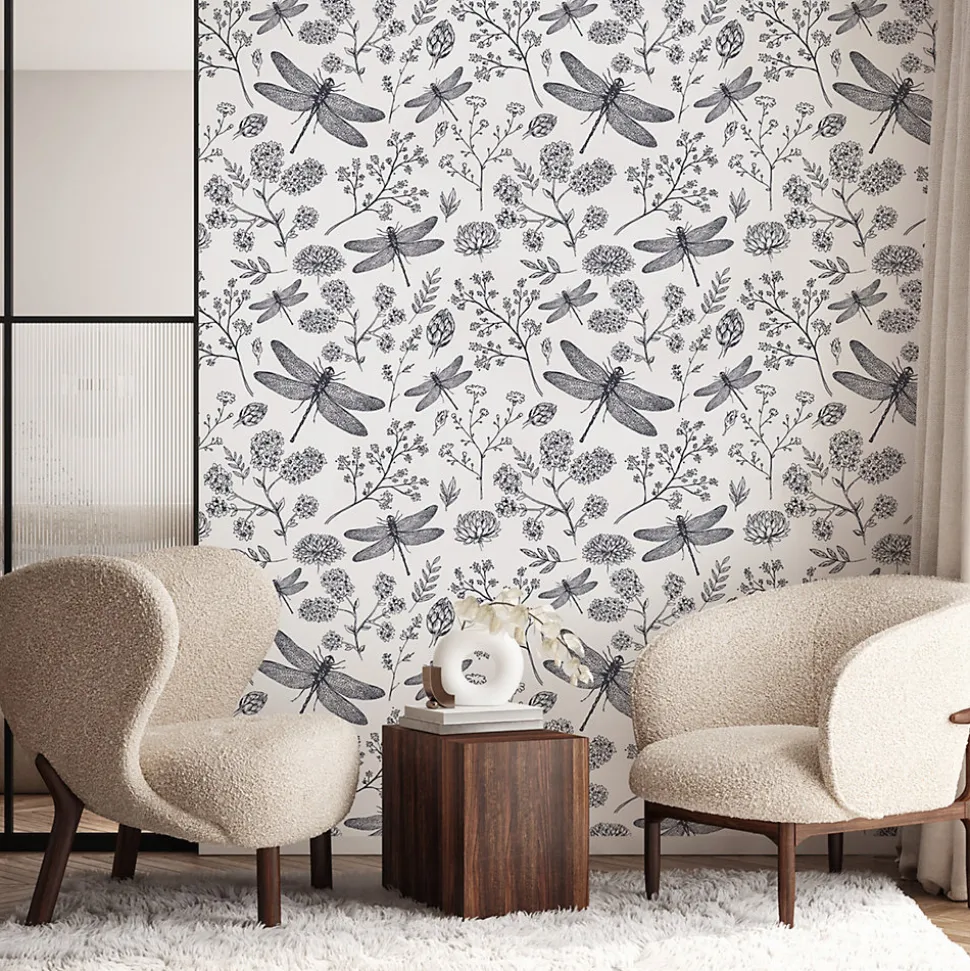 Papier Peint Intissé Pour Salon LIBELLULE Fleurs Nature Noir Blanc