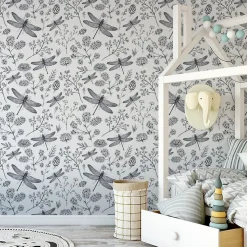 Papier Peint Intissé Pour Salon LIBELLULE Fleurs Nature Noir Blanc