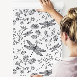 Papier Peint Intissé Pour Salon LIBELLULE Fleurs Nature Noir Blanc