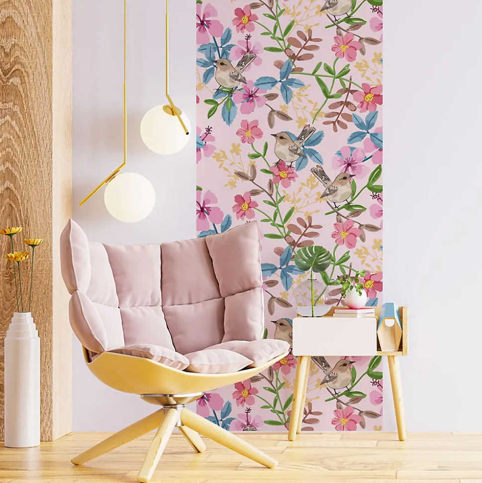Papier peint intissé pré-encollé - FLEURS ET MOINEAUX - 1 rouleau de 300x60cm