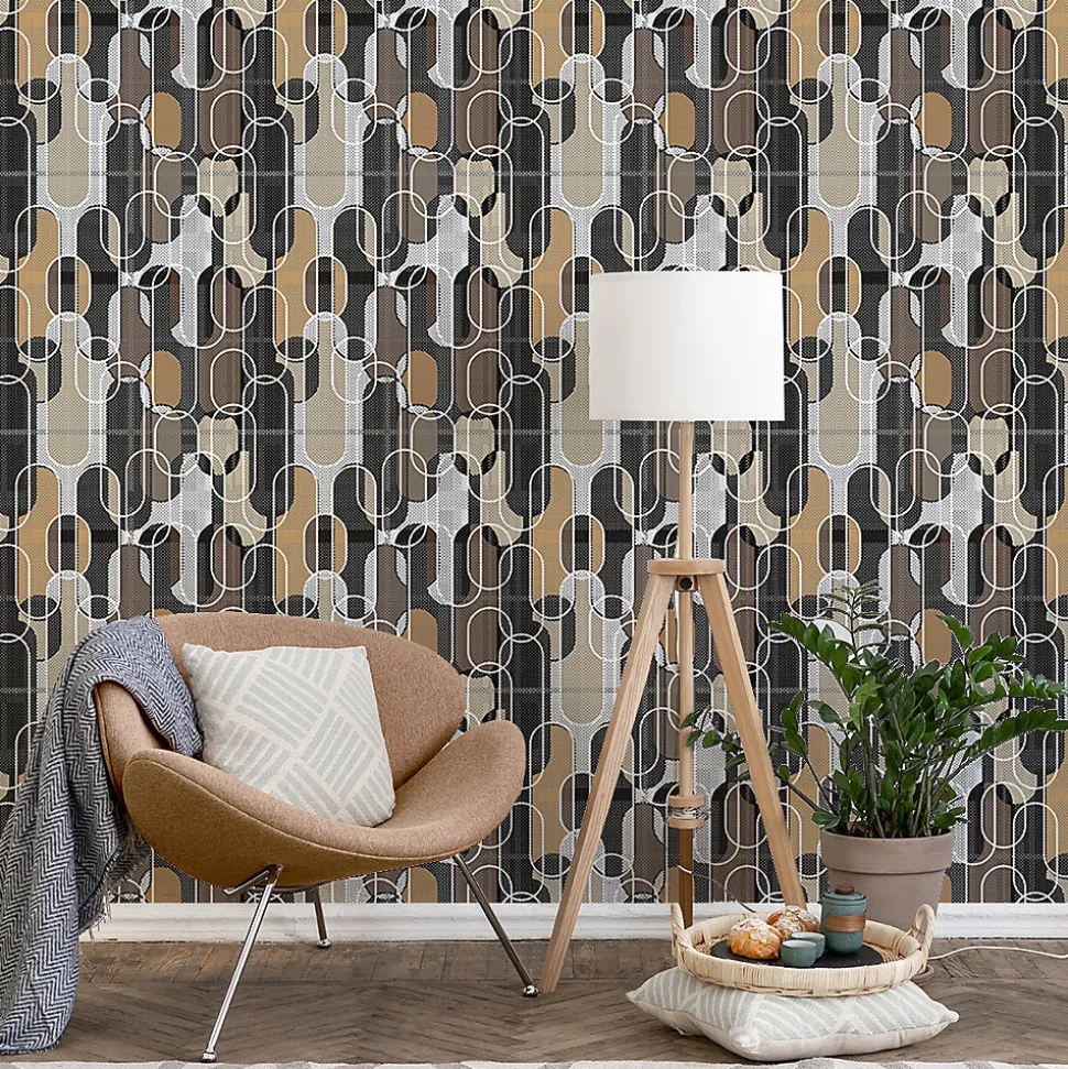 Papier peint intissé pré-encollé - DESIGN RETRO BRUN NOIR - 1 rouleau de 300x60cm