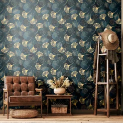 Papier peint intissé pré-encollé - FEUILLE DE GINKGO BLEU - 1 rouleau de 300x60cm
