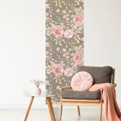 Papier peint intissé pré-encollé - FLEURS VINTAGE ROSE PIVOINES GRIS - 1 rouleau de 300x60cm