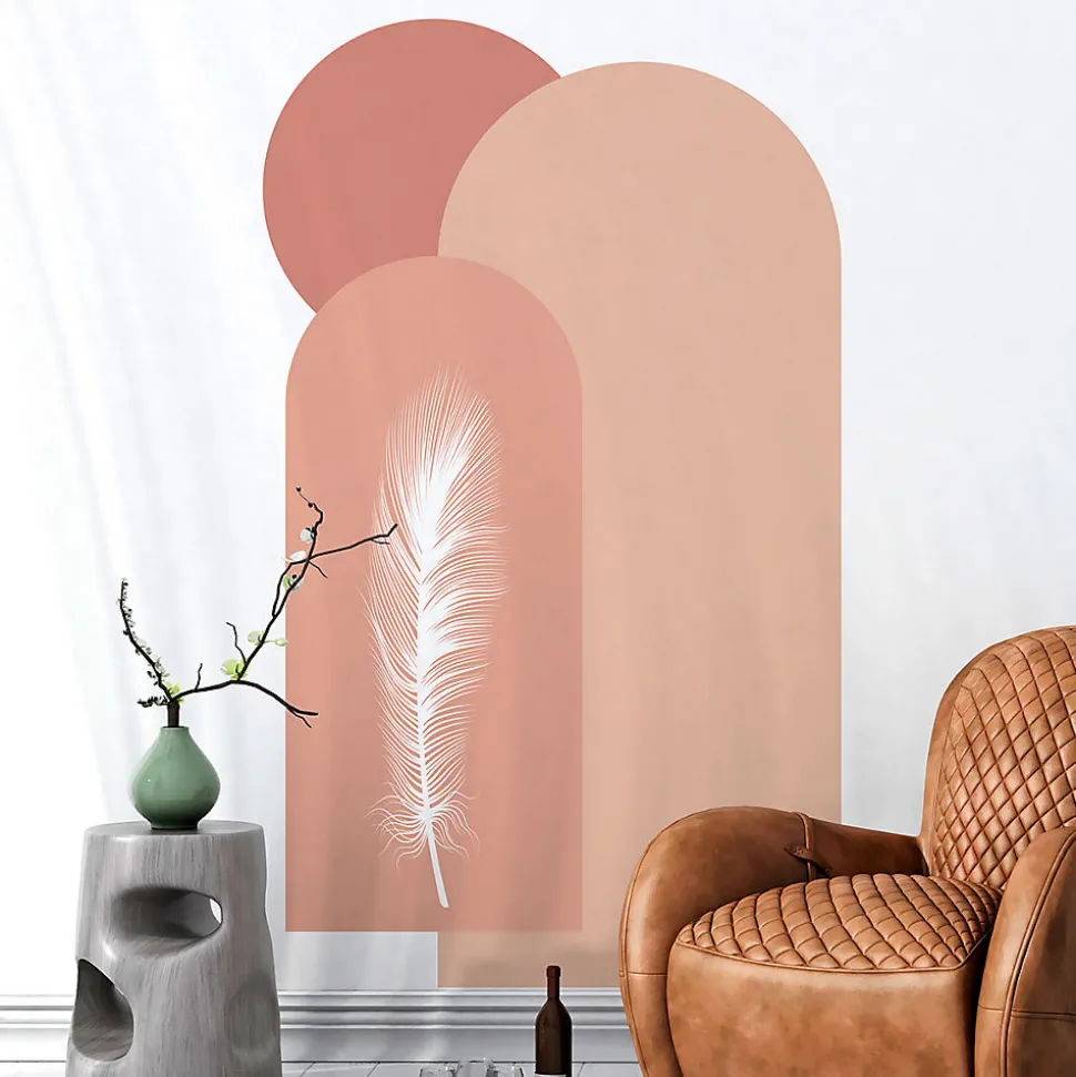 Papier peint intissé pré-encollé fresques géantes - ARCHES ET PLUME ROSE - 150x90cm