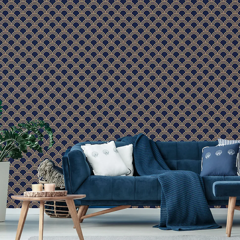 Papier peint intissé pré-encollé - SCANDINAVE ART DÉCO BLEU FONCÉ ARCHES - 1 rouleau de 300x60cm