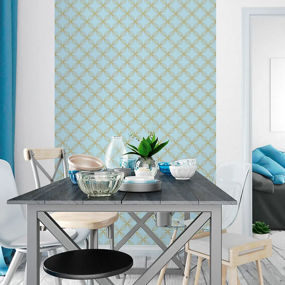 Papier peint intissé pré-encollé - RÉTRO ORNEMENTS AQUAMARINE ET JAUNE - 1 rouleau de 300x60cm