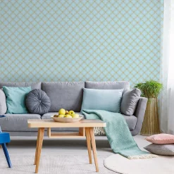 Papier peint intissé pré-encollé - RÉTRO ORNEMENTS AQUAMARINE ET JAUNE - 1 rouleau de 300x60cm