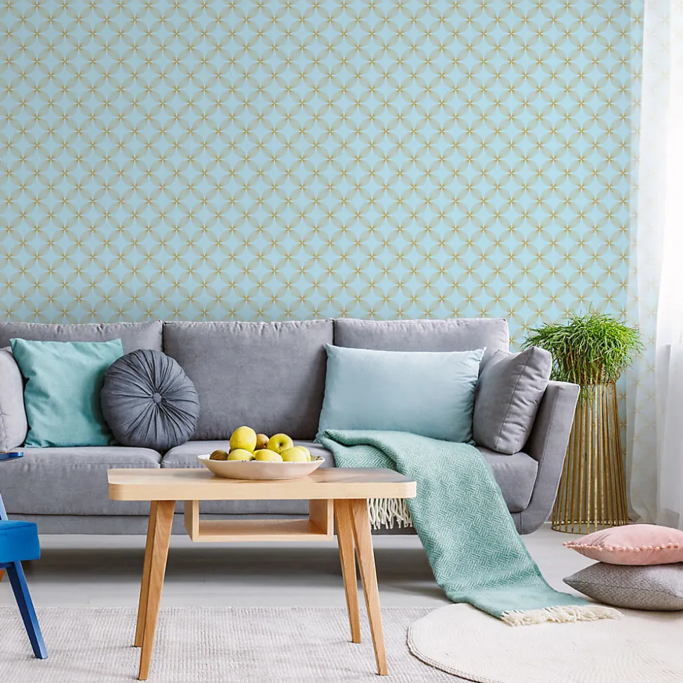 Papier peint intissé pré-encollé - RÉTRO ORNEMENTS AQUAMARINE ET JAUNE - 1 rouleau de 300x60cm