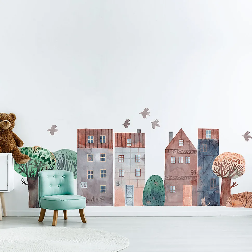Papier peint intissé pré-encollé fresques géantes - ENFANT MAISONS EN AQUARELLES - 90x135cm
