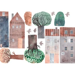 Papier peint intissé pré-encollé fresques géantes - ENFANT MAISONS EN AQUARELLES - 90x135cm