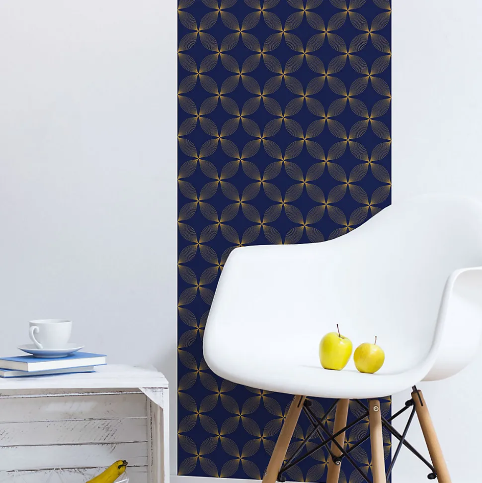 Papier peint intissé pré-encollé - RÉTRO ORNEMENTS BLEU MARINE ET JAUNE - 1 rouleau de 300x60cm