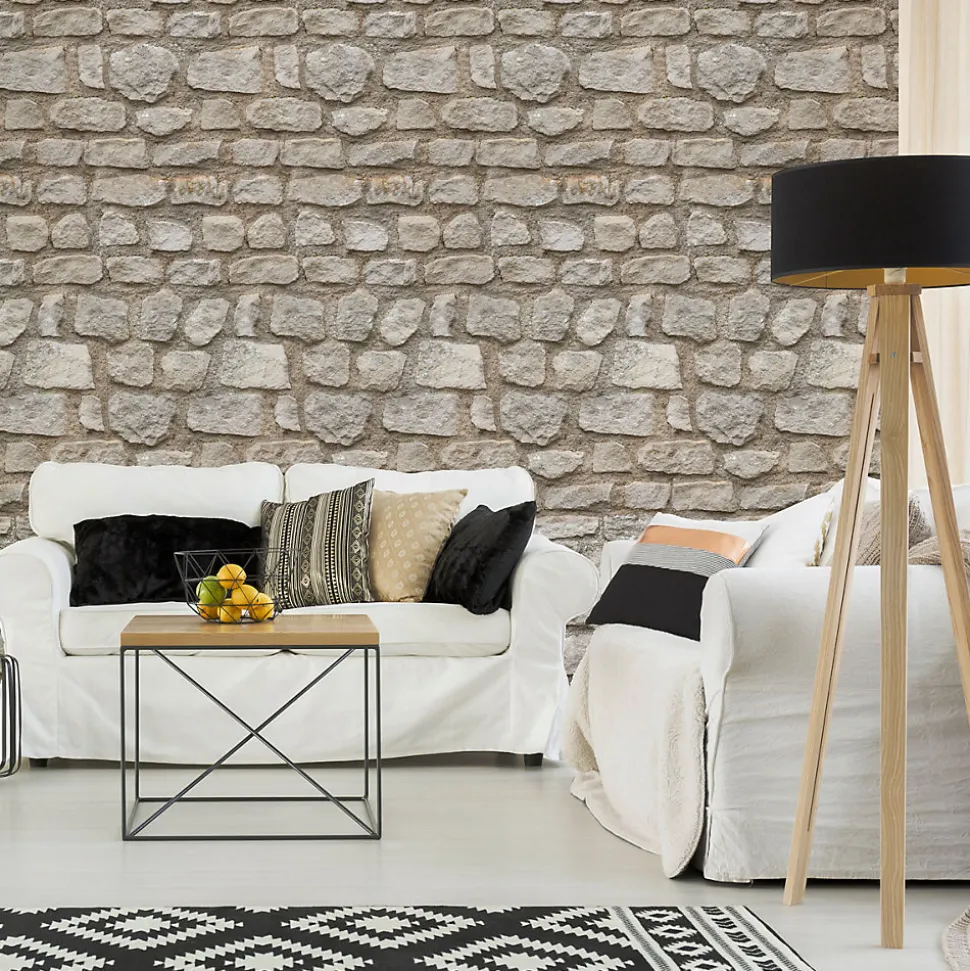 Papier peint intissé pré-encollé - MUR DE PIERRE GRISE - 1 rouleau de 300x60cm