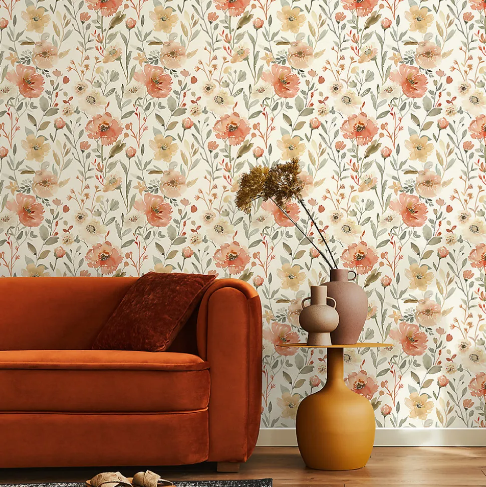 Papier peint intissé pré-encollé - FLEURS VINTAGE COQUELICOTS - 1 rouleau de 300x60cm