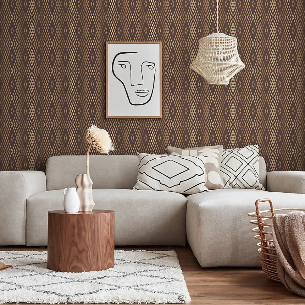 Papier peint intissé pré-encollé - SCANDINAVE ART DÉCO LOSANGES CHOCOLAT - 1 rouleau de 300x60cm