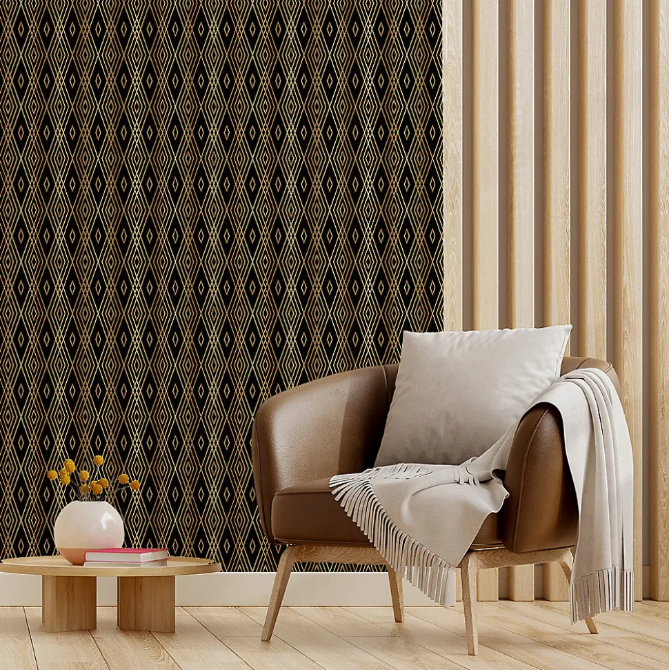 Papier peint intissé pré-encollé - SCANDINAVE ART DÉCO LOSANGES NOIRS ET EFFET DORÉ - 1 rouleau de 300x60cm