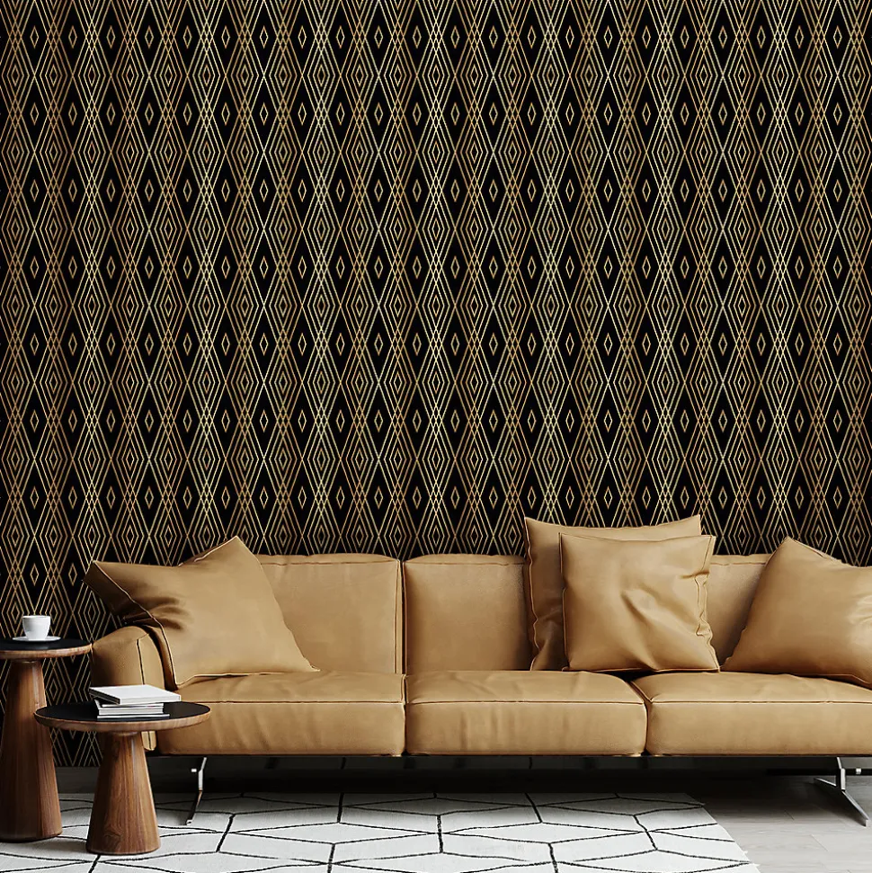 Papier peint intissé pré-encollé - SCANDINAVE ART DÉCO LOSANGES NOIRS ET EFFET DORÉ - 1 rouleau de 300x60cm