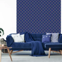 Papier peint intissé pré-encollé - RÉTRO ORNEMENTS BLEU ET JAUNE - 1 rouleau de 300x60cm
