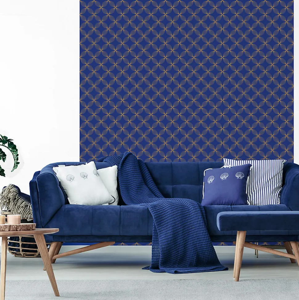 Papier peint intissé pré-encollé - RÉTRO ORNEMENTS BLEU ET JAUNE - 1 rouleau de 300x60cm