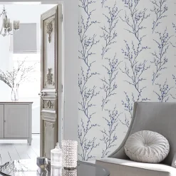 Papier peint intissé Pussy willow imprimé fleurs bleu L.1000 x l.52cm Laura Ashley