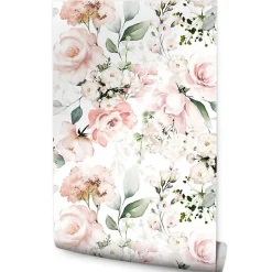 Papier Peint Intissé ROSES Fleurs Feuilles Aquarelle Pour Salon