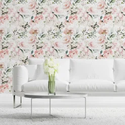 Papier Peint Intissé ROSES Fleurs Feuilles Aquarelle Pour Salon
