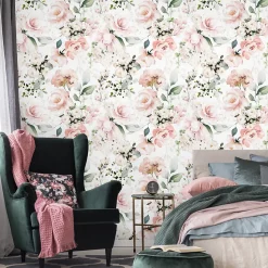 Papier Peint Intissé ROSES Fleurs Feuilles Aquarelle Pour Salon
