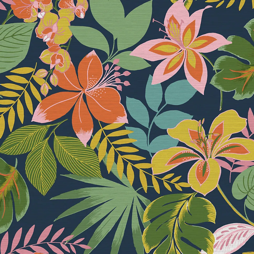 Papier peint intissé So exotic night imprimé fleurs tropicales rose, vert, bleu L.1000 x l.52cm Envy