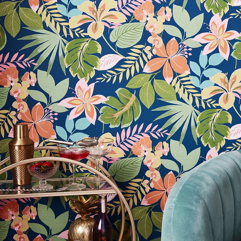 Papier peint intissé So exotic night imprimé fleurs tropicales rose, vert, bleu L.1000 x l.52cm Envy
