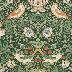 Papier peint intissé Strawberry thief imprimé fleurs, oiseaux vert L.1000 x l.52cm William Morris