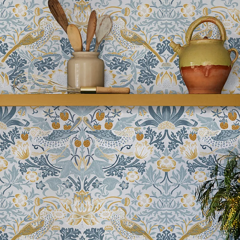 Papier peint intissé Strawberry soft bleu, ocre L.1000 x l.52cm William Morris