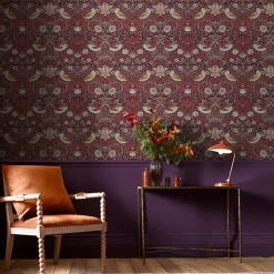 Papier peint intissé Strawberry plum orange, violet L.1000 x l.52cm William Morris
