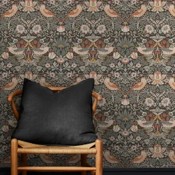 Papier peint intissé Strawberry soft bleu, gris L.1000 x l.52cm William Morris