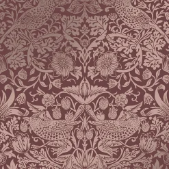 Papier peint intissé Strawberry thief imprimé fleurs, oiseaux effet métalisé rouge L.1000 x l.52cm William Morris