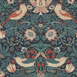 Papier peint intissé Thief deep blue imprimé fleurs, oiseaux vert L.1000 x l.52cm William Morris