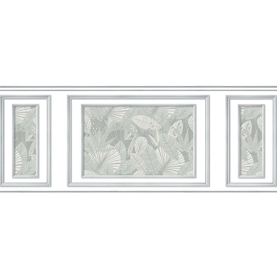 Papier peint intissé tropical, motif feuille sur fond vert, imitation boiseries, 75 cm X 200 cm, décor unique.