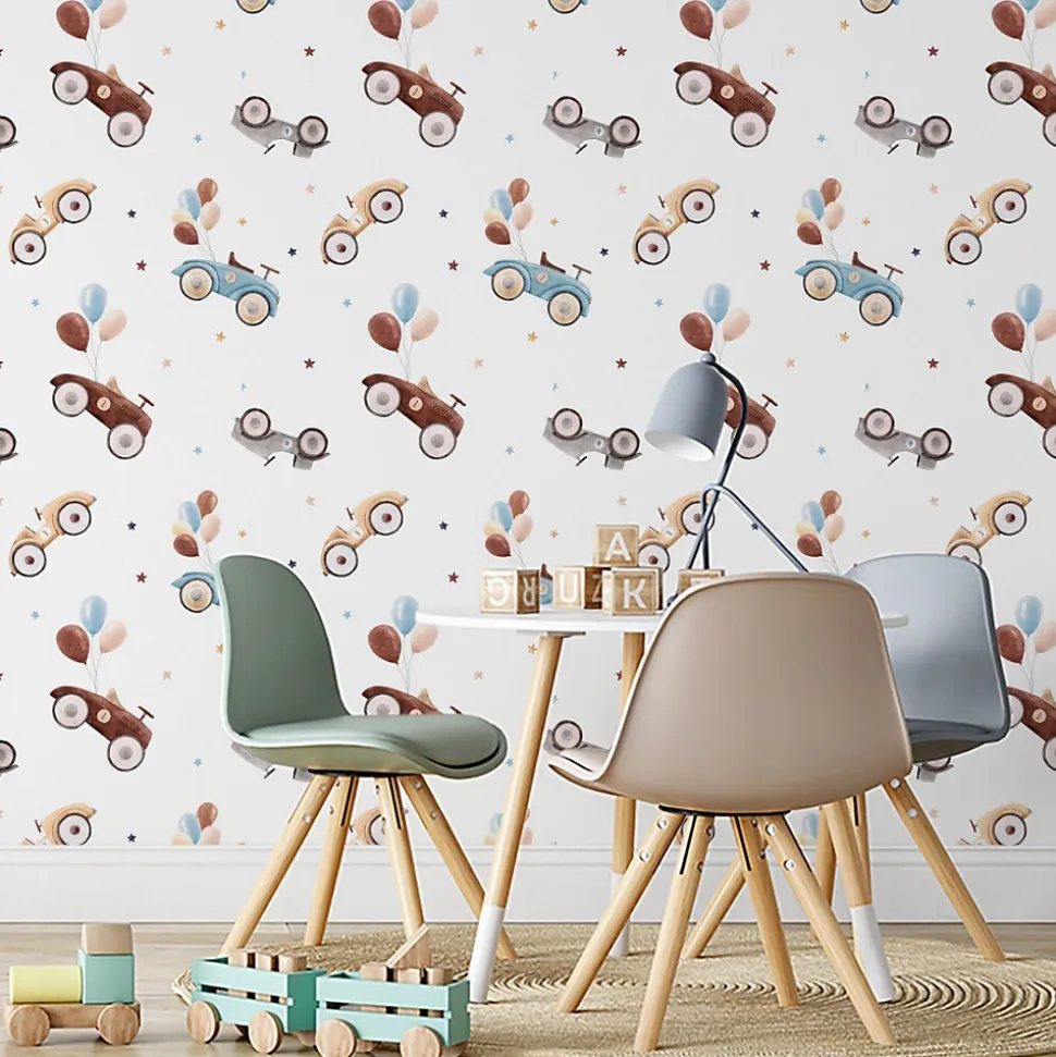 Papier Peint Intisse VOITURES Ballons Etoiles Colorees Pour Chambre D'Enfant