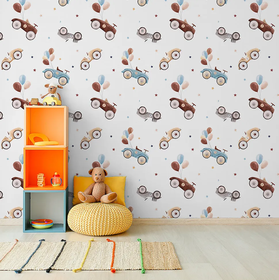 Papier Peint Intisse VOITURES Ballons Etoiles Colorees Pour Chambre D'Enfant