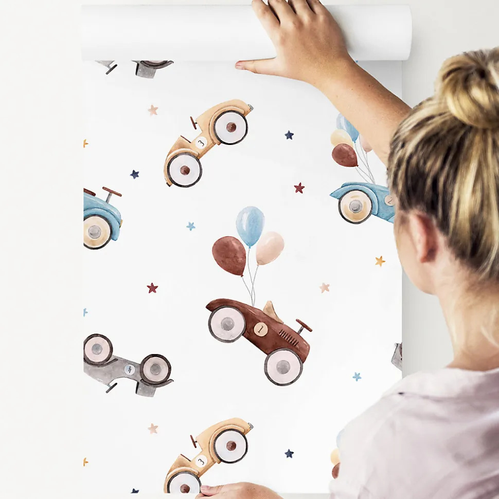 Papier Peint Intisse VOITURES Ballons Etoiles Colorees Pour Chambre D'Enfant