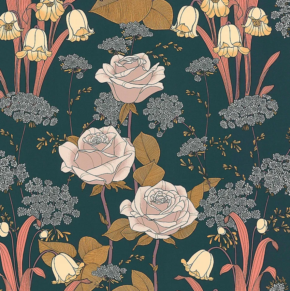 Papier peint Melody vinyle intissé fleur art nouveau marine