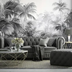 Papier Peint Noir et blanc Jungle Panoramique Intissé 350x250 cm - Colle Inclus - Moderne Papier Peint Intissé Chambre Salon