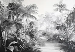 Papier Peint Noir et blanc Jungle Panoramique Intissé 250x175 cm - Colle Inclus - Moderne Papier Peint Intissé Chambre Salon